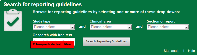 Reporting guideline database free text search box with Spanish translation 