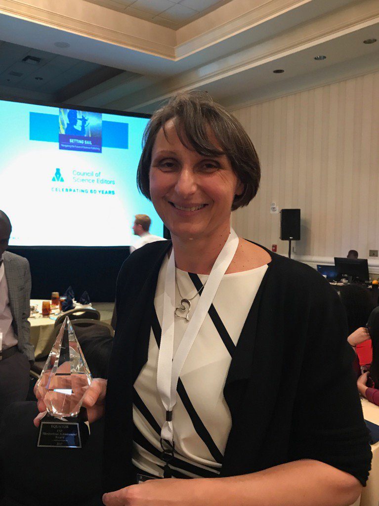 Iveta Simera accepting the CSE’s 2017 Award for Meritorious Achievement on behalf of the EQUATOR Network 